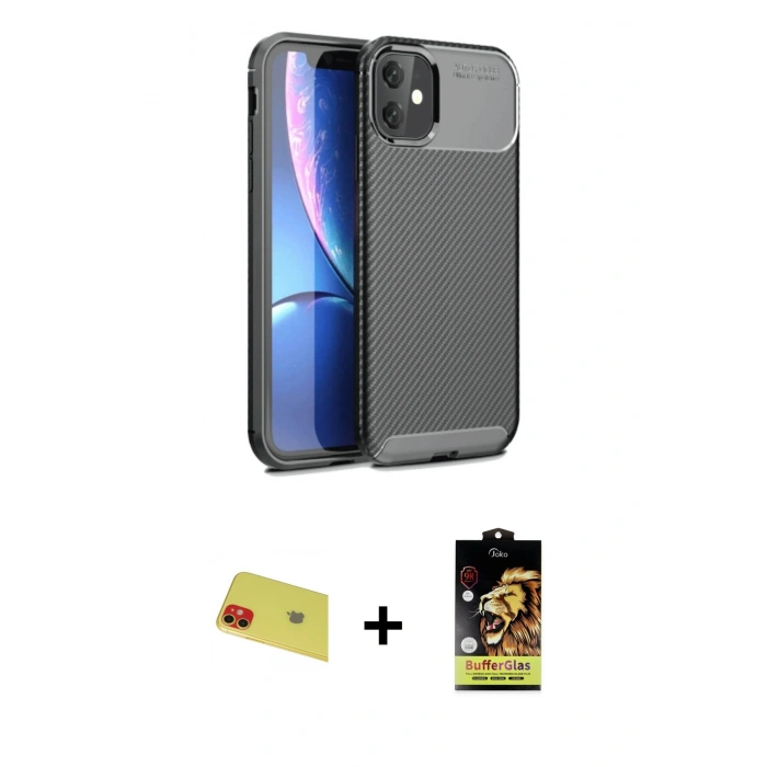 MARSİLYAN™- iPhone 11 Kılıf Eksen Form Prime - Siyah Buffer Cam Ekran Koruyucu + Rainbow Kamera Lens Koruma Cam - KI