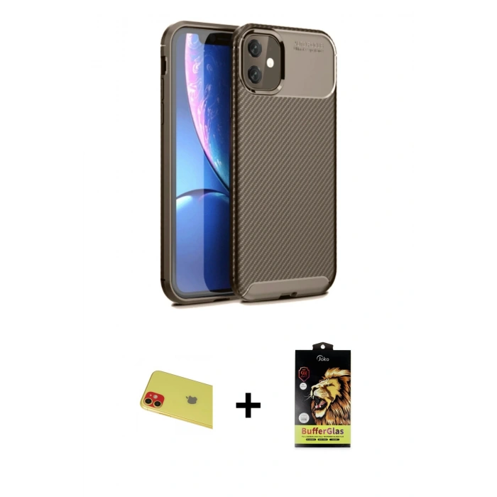 MARSİLYAN™- iPhone 11 Kılıf Eksen Form Prime - Siyah Buffer Cam Ekran Koruyucu + Rainbow Kamera Lens Koruma Cam - KI