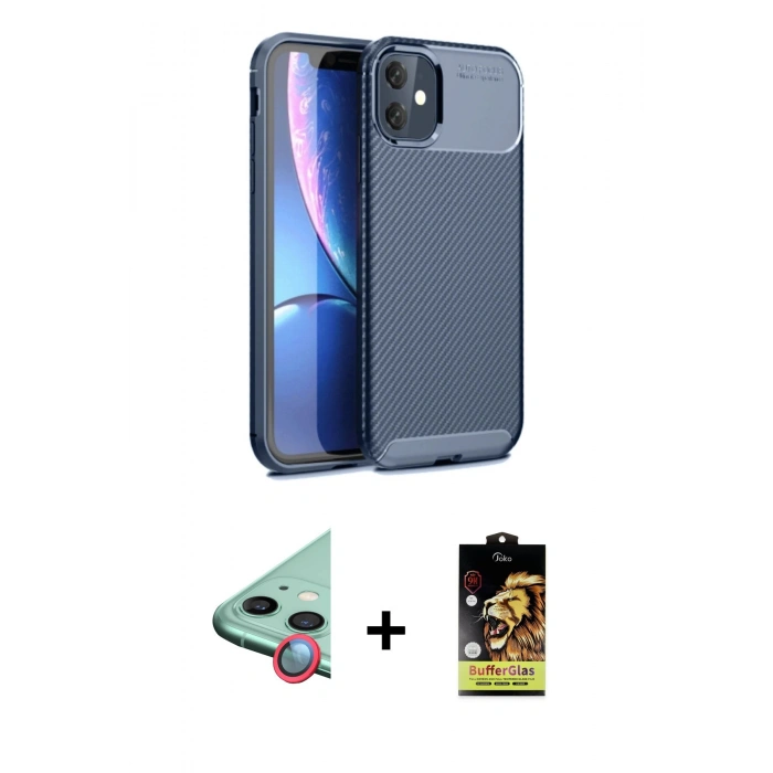 MARSİLYAN™- iPhone 11 Kılıf Eksen Form Prime - Siyah Buffer Cam Ekran Koruyucu + Raze Metal Kamera Lens - KI