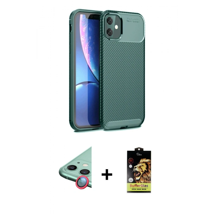 MARSİLYAN™- iPhone 11 Kılıf Eksen Form Prime - Siyah Buffer Cam Ekran Koruyucu + Raze Metal Kamera Lens - KI