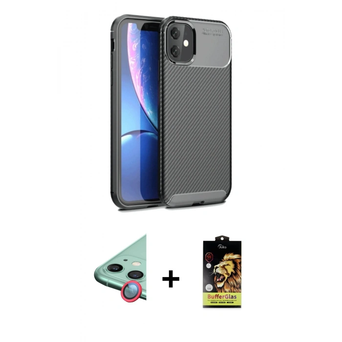 MARSİLYAN™- iPhone 11 Kılıf Eksen Form Prime - Siyah Buffer Cam Ekran Koruyucu + Raze Metal Kamera Lens - KI