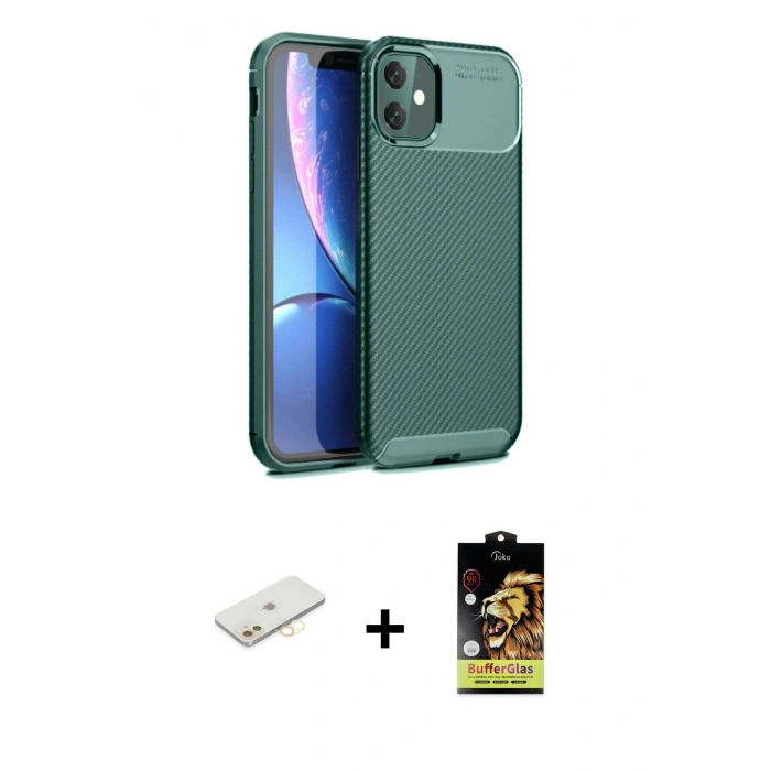 MARSİLYAN™- iPhone 11 Kılıf Eksen Form Prime - Siyah Buffer Cam Ekran Koruyucu + Renkli Kamera Lens Koruma Cam - SI