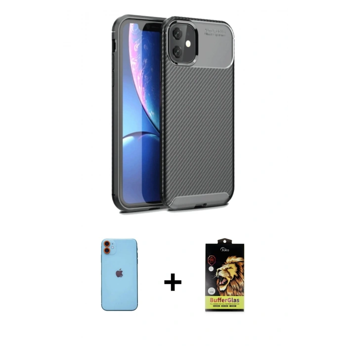 MARSİLYAN™- iPhone 11 Kılıf Eksen Form Prime - Siyah Buffer Cam Ekran Koruyucu + Turuncu Neon Fosforlu Kamera Lens
