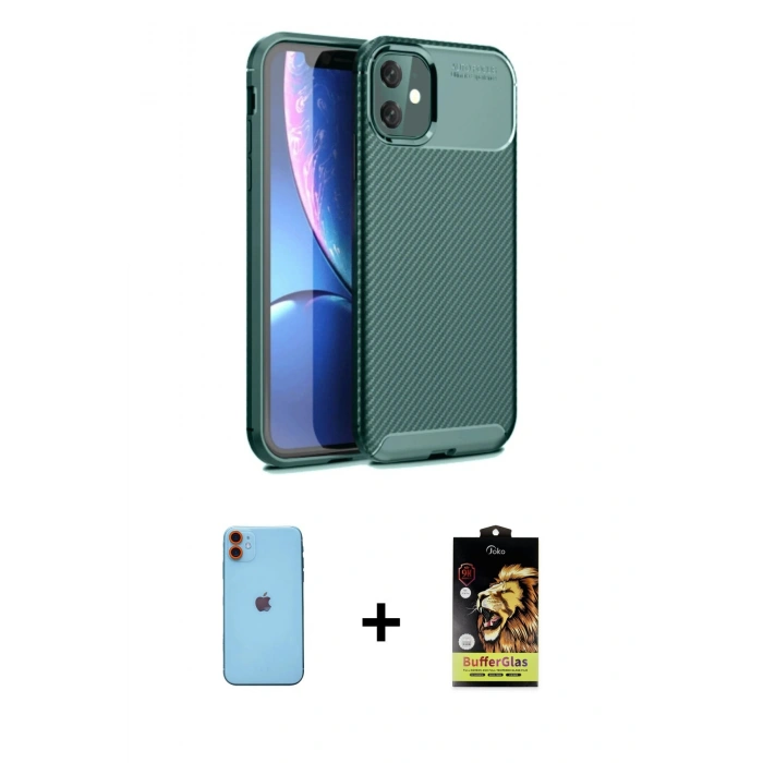 MARSİLYAN™- iPhone 11 Kılıf Eksen Form Prime - Siyah Buffer Cam Ekran Koruyucu + Turuncu Neon Fosforlu Kamera Lens