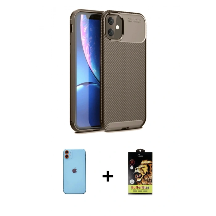 MARSİLYAN™- iPhone 11 Kılıf Eksen Form Prime - Siyah Buffer Cam Ekran Koruyucu + Turuncu Neon Fosforlu Kamera Lens