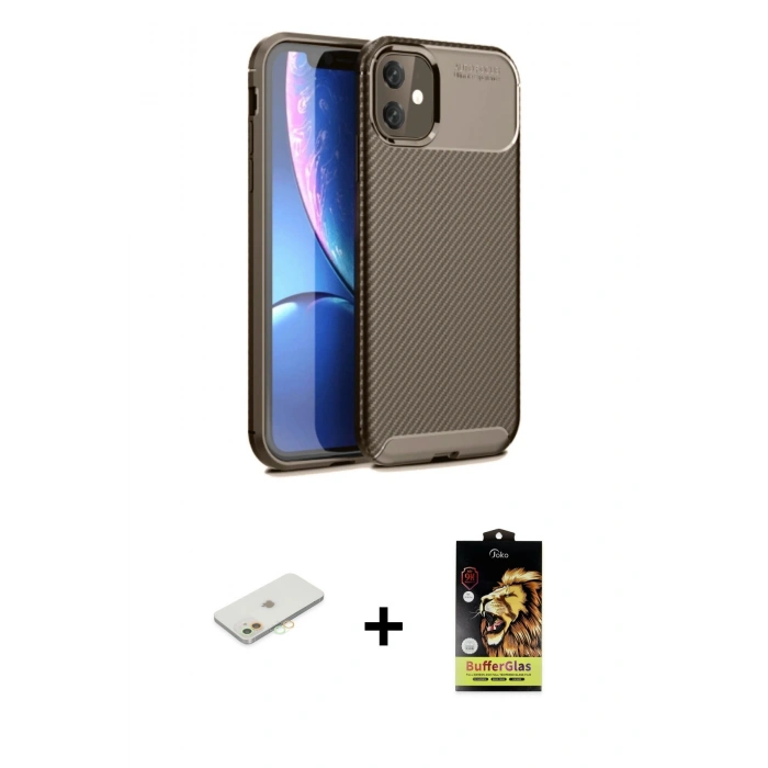 MARSİLYAN™- iPhone 11 Kılıf Eksen Form Prime - Siyah Buffer Cam Ekran Koruyucu + Turuncu Renkli Kamera Lens Koruma Cam