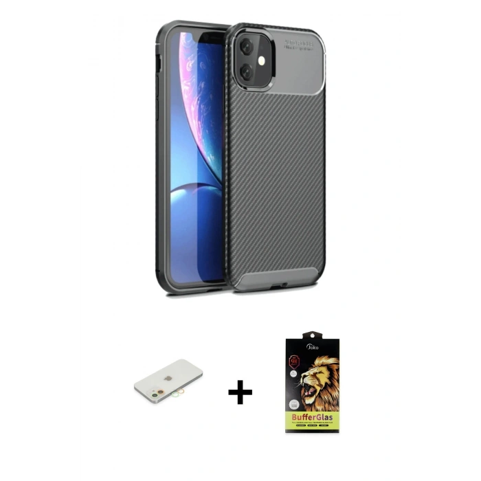 MARSİLYAN™- iPhone 11 Kılıf Eksen Form Prime - Siyah Buffer Cam Ekran Koruyucu + Turuncu Renkli Kamera Lens Koruma Cam
