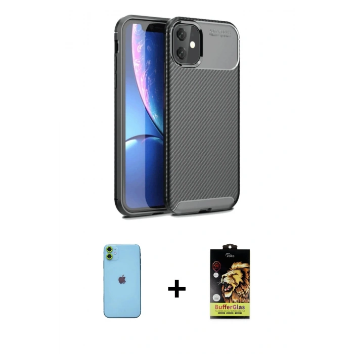 MARSİLYAN™- iPhone 11 Kılıf Eksen Form Prime - Siyah Buffer Cam Ekran Koruyucu + Yeşil Neon Fosforlu Kamera Lens