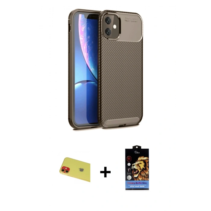 MARSİLYAN™- iPhone 11 Kılıf Eksen Form Prime - Siyah Buffer Hayalet Cam Ekran Koruyucu + Rainbow Kamera Lens Koruma Cam - KI
