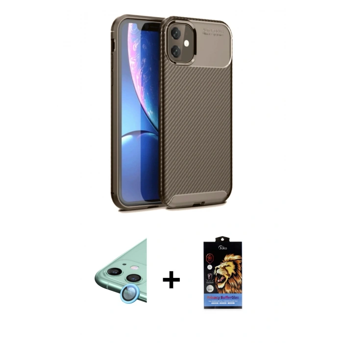 MARSİLYAN™- iPhone 11 Kılıf Eksen Form Prime - Siyah Buffer Hayalet Cam Ekran Koruyucu + Raze Metal Kamera Lens - MI