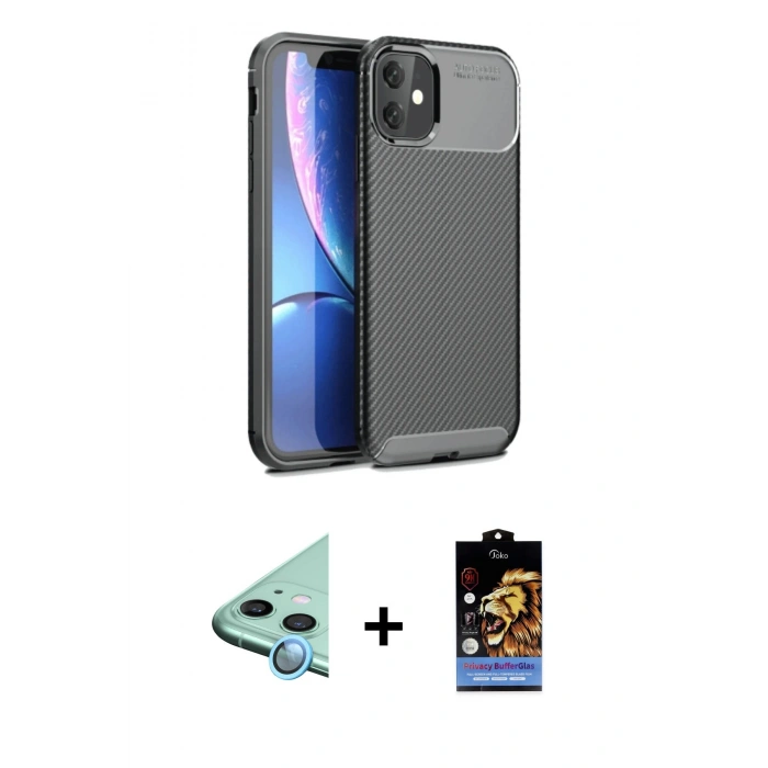 MARSİLYAN™- iPhone 11 Kılıf Eksen Form Prime - Siyah Buffer Hayalet Cam Ekran Koruyucu + Raze Metal Kamera Lens - MI