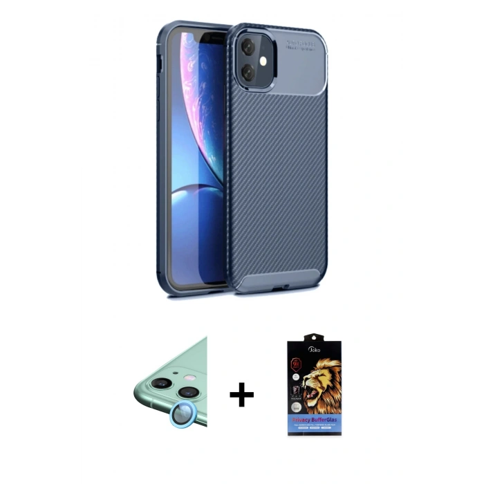 MARSİLYAN™- iPhone 11 Kılıf Eksen Form Prime - Siyah Buffer Hayalet Cam Ekran Koruyucu + Raze Metal Kamera Lens - MI