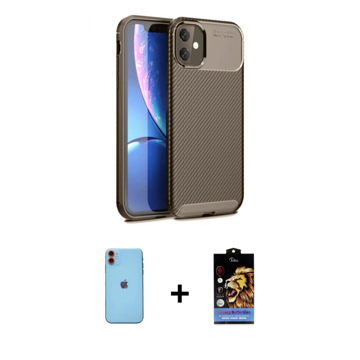 MARSİLYAN™- iPhone 11 Kılıf Eksen Form Prime - Siyah Buffer Hayalet Cam Ekran Koruyucu + Neon Fosforlu Kamera Lens - TU