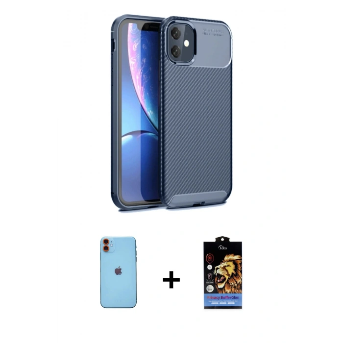 MARSİLYAN™- iPhone 11 Kılıf Eksen Form Prime - Siyah Buffer Hayalet Cam Ekran Koruyucu + Neon Fosforlu Kamera Lens - TU