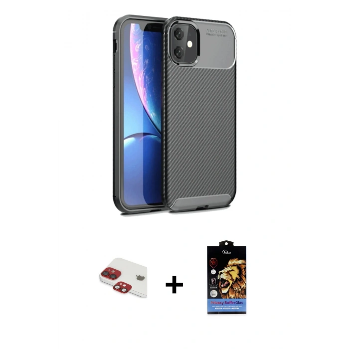 MARSİLYAN™- iPhone 11 Kılıf Eksen Form Prime - Siyah Buffer Hayalet Cam Ekran Koruyucu + Pers Alüminyum Kamera Lens - KI