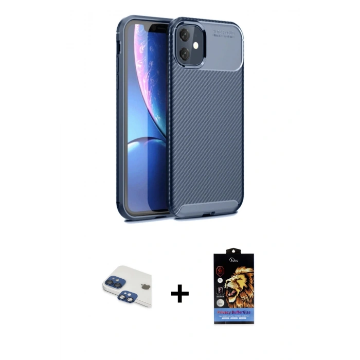 MARSİLYAN™- iPhone 11 Kılıf Eksen Form Prime - Siyah Buffer Hayalet Cam Ekran Koruyucu + Pers Alüminyum Kamera Lens - LT