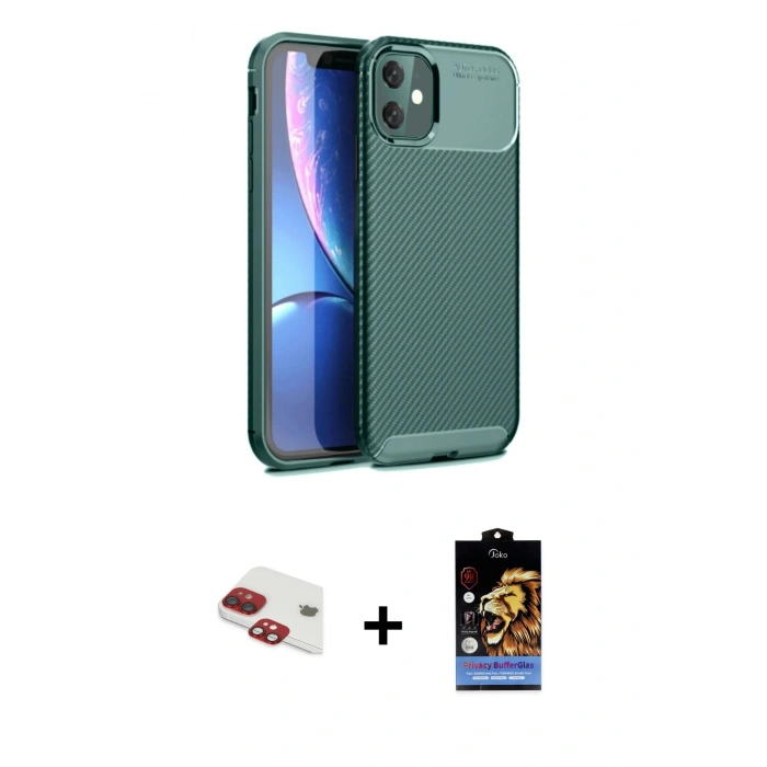 MARSİLYAN™- iPhone 11 Kılıf Eksen Form Prime - Siyah Buffer Hayalet Cam Ekran Koruyucu + Pers Alüminyum Kamera Lens - KI
