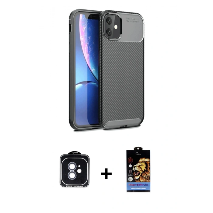 MARSİLYAN™- iPhone 11 Kılıf Eksen Form Prime - Siyah Buffer Hayalet Cam Ekran Koruyucu + PVD Metal Kamera Lens - MI
