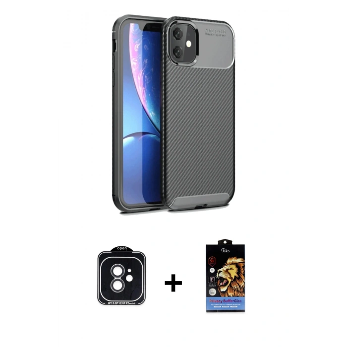 MARSİLYAN™- iPhone 11 Kılıf Eksen Form Prime - Siyah Buffer Hayalet Cam Ekran Koruyucu + PVD Metal Kamera Lens - SH