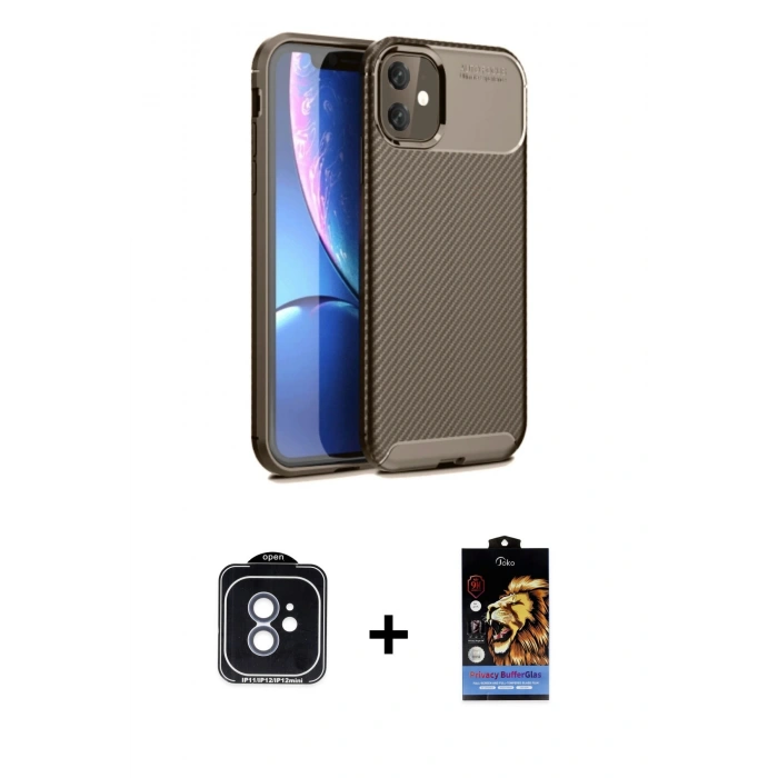 MARSİLYAN™- iPhone 11 Kılıf Eksen Form Prime - Siyah Buffer Hayalet Cam Ekran Koruyucu + PVD Metal Kamera Lens - MI