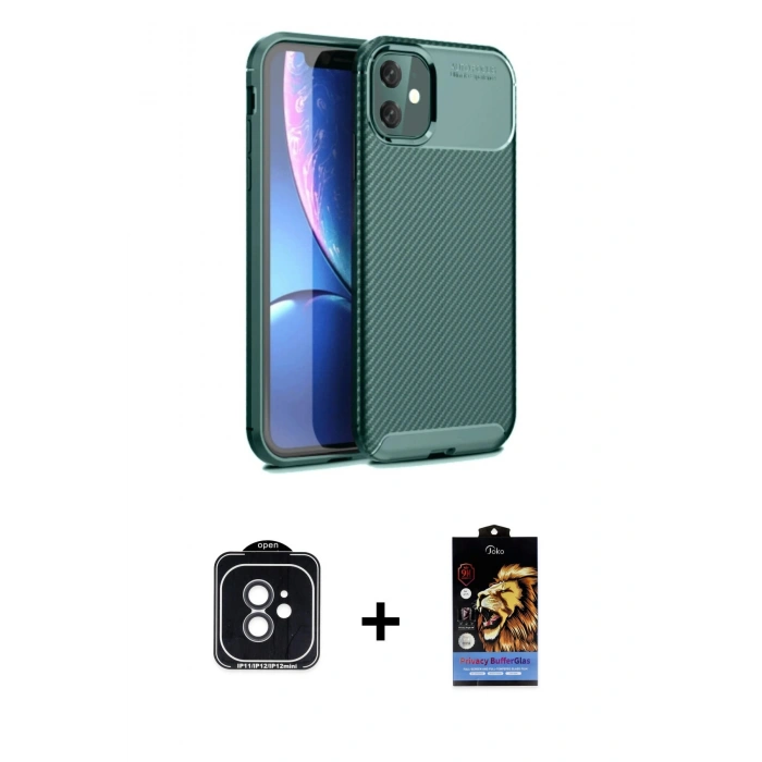 MARSİLYAN™- iPhone 11 Kılıf Eksen Form Prime - Siyah Buffer Hayalet Cam Ekran Koruyucu + PVD Metal Kamera Lens - SH