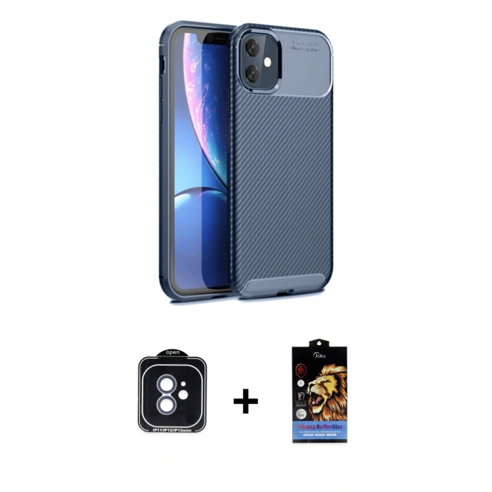 MARSİLYAN™- iPhone 11 Kılıf Eksen Form Prime - Siyah Buffer Hayalet Cam Ekran Koruyucu + PVD Metal Kamera Lens - MI