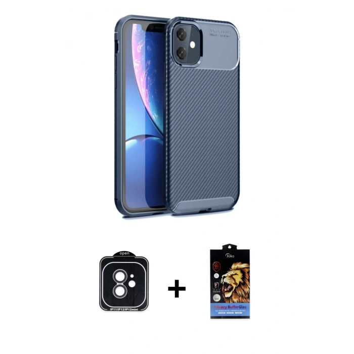 MARSİLYAN™- iPhone 11 Kılıf Eksen Form Prime - Siyah Buffer Hayalet Cam Ekran Koruyucu + PVD Metal Kamera Lens - SH