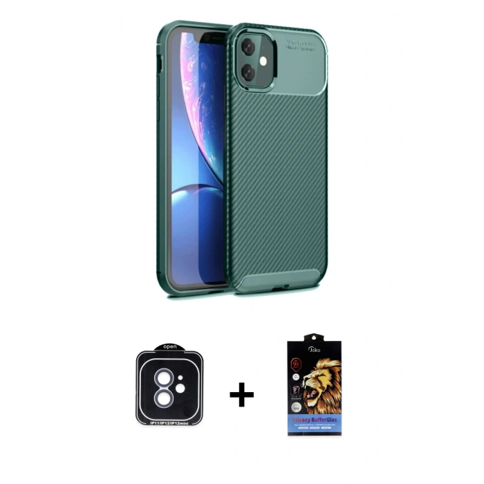 MARSİLYAN™- iPhone 11 Kılıf Eksen Form Prime - Siyah Buffer Hayalet Cam Ekran Koruyucu + PVD Metal Kamera Lens - MI