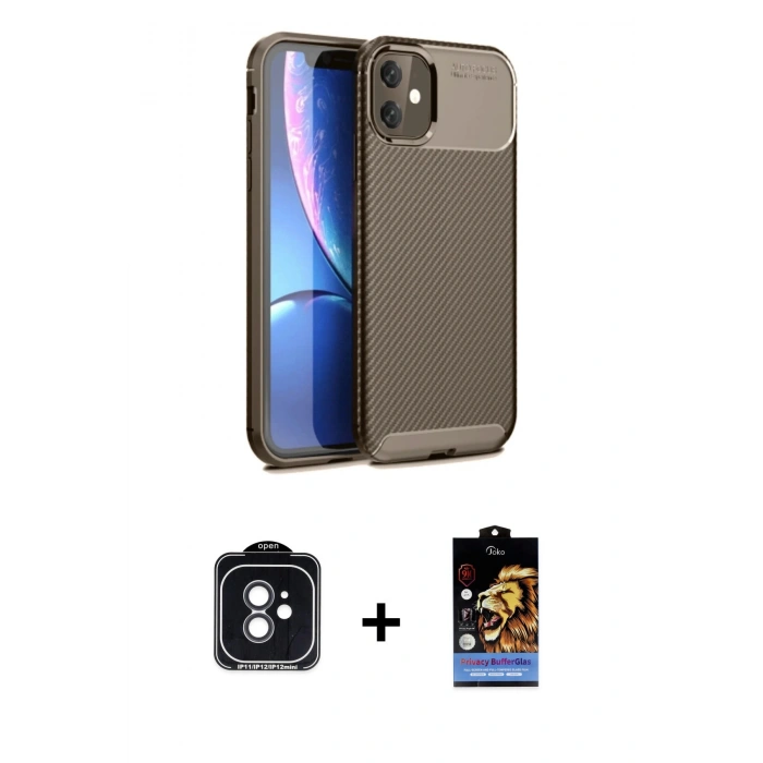MARSİLYAN™- iPhone 11 Kılıf Eksen Form Prime - Siyah Buffer Hayalet Cam Ekran Koruyucu + PVD Metal Kamera Lens - SH