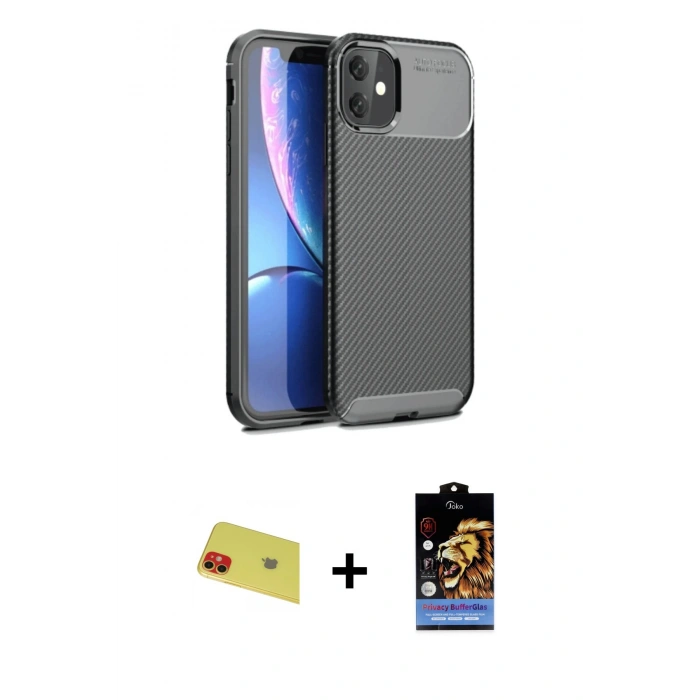 MARSİLYAN™- iPhone 11 Kılıf Eksen Form Prime - Siyah Buffer Hayalet Cam Ekran Koruyucu + Rainbow Kamera Lens Koruma Cam - KI