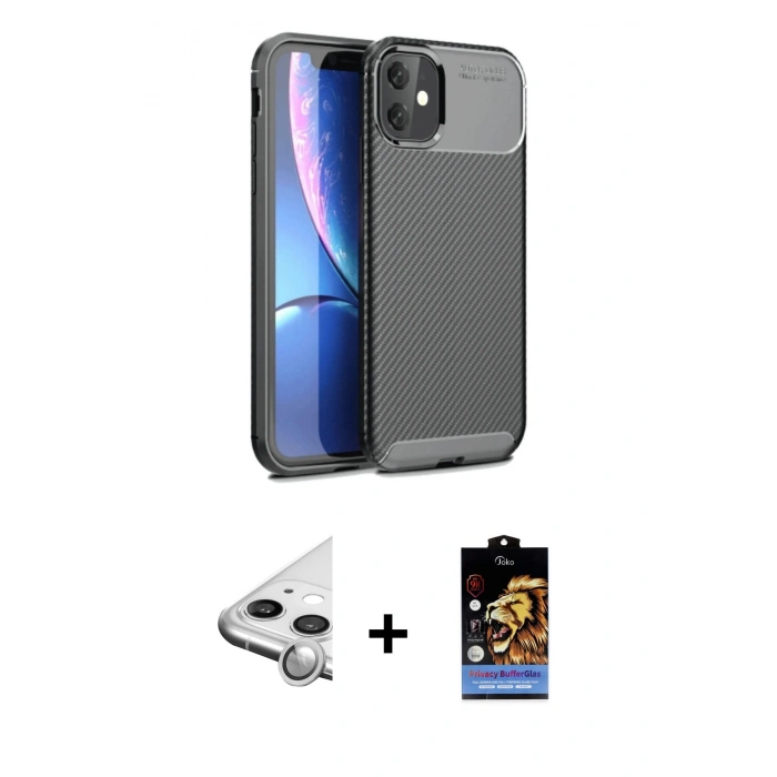 MARSİLYAN™- iPhone 11 Kılıf Eksen Form Prime - Siyah Buffer Hayalet Cam Ekran Koruyucu + Raze Metal Kamera Lens - GS