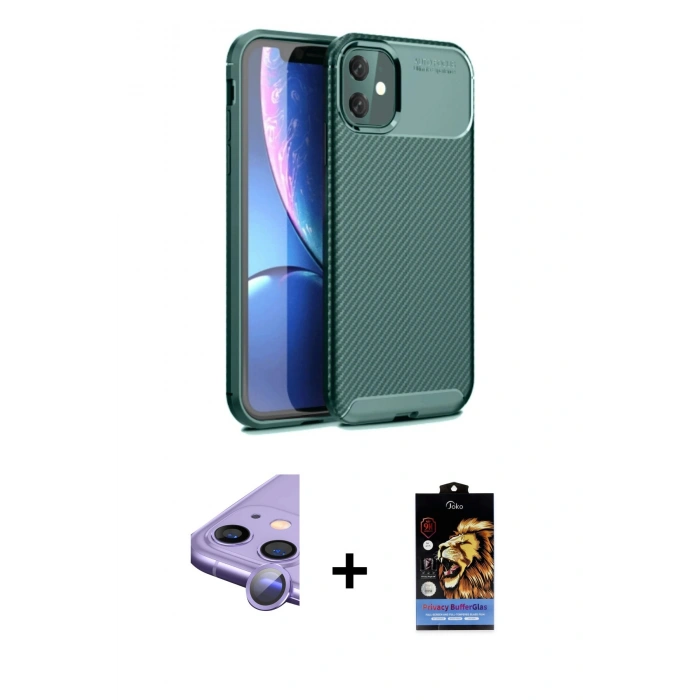 MARSİLYAN™- iPhone 11 Kılıf Eksen Form Prime - Siyah Buffer Hayalet Cam Ekran Koruyucu + Raze Metal Kamera Lens - MR