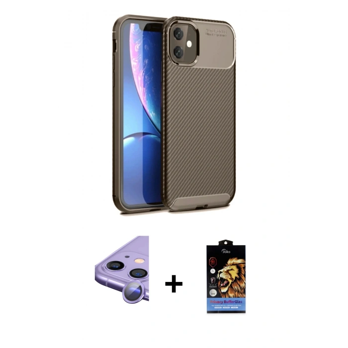 MARSİLYAN™- iPhone 11 Kılıf Eksen Form Prime - Siyah Buffer Hayalet Cam Ekran Koruyucu + Raze Metal Kamera Lens - MR