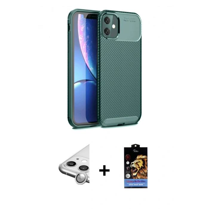 MARSİLYAN™- iPhone 11 Kılıf Eksen Form Prime - Siyah Buffer Hayalet Cam Ekran Koruyucu + Raze Metal Kamera Lens - GS