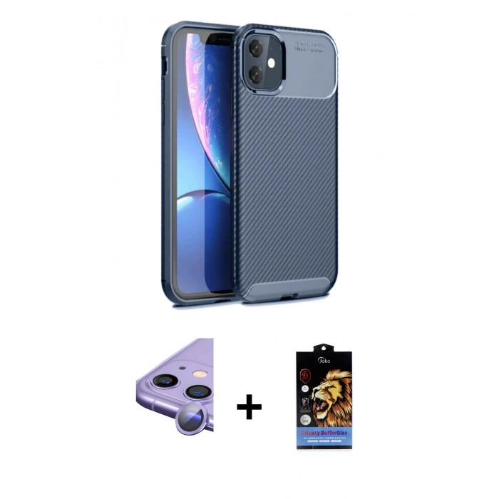 MARSİLYAN™- iPhone 11 Kılıf Eksen Form Prime - Siyah Buffer Hayalet Cam Ekran Koruyucu + Raze Metal Kamera Lens - MR