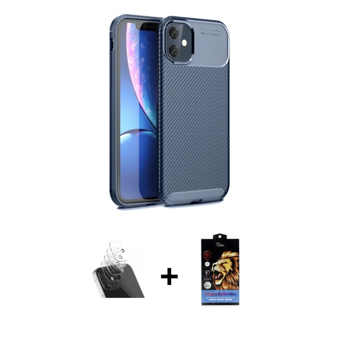MARSİLYAN™- iPhone 11 Kılıf Eksen Form Prime - Siyah Buffer Hayalet Cam Ekran Koruyucu + Şeffaf Kamera Lens Koruma Cam
