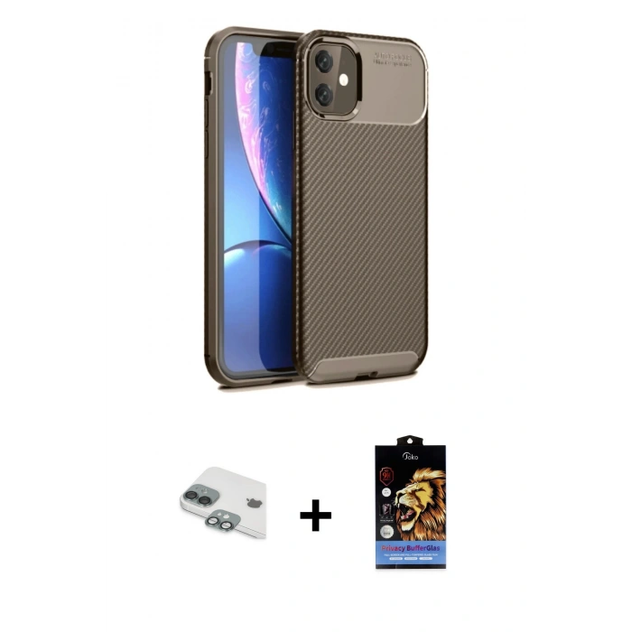 MARSİLYAN™- iPhone 11 Kılıf Eksen Form Prime - Siyah Buffer Hayalet Cam Ekran Koruyucu + Yeşil Pers Alüminyum Kamera Lens