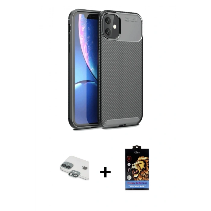 MARSİLYAN™- iPhone 11 Kılıf Eksen Form Prime - Siyah Buffer Hayalet Cam Ekran Koruyucu + Yeşil Pers Alüminyum Kamera Lens