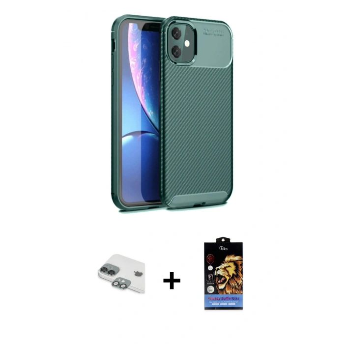 MARSİLYAN™- iPhone 11 Kılıf Eksen Form Prime - Siyah Buffer Hayalet Cam Ekran Koruyucu + Yeşil Pers Alüminyum Kamera Lens