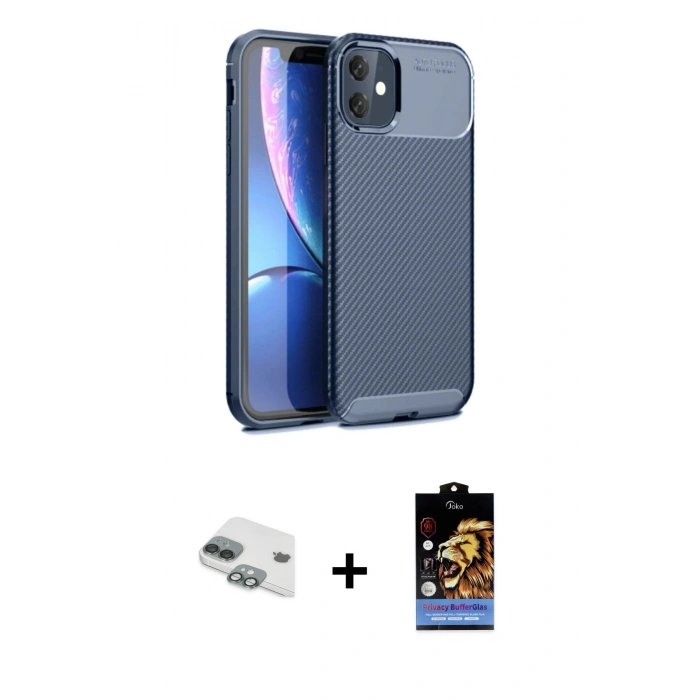 MARSİLYAN™- iPhone 11 Kılıf Eksen Form Prime - Siyah Buffer Hayalet Cam Ekran Koruyucu + Yeşil Pers Alüminyum Kamera Lens