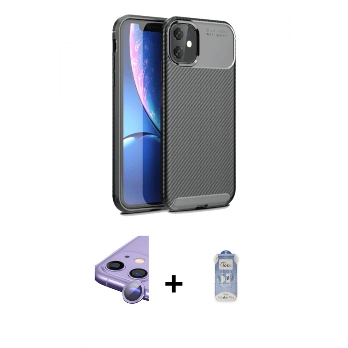 MARSİLYAN™- iPhone 11 Kılıf Eksen Form Prime - Siyah Joko Magic 5D Cam + Mor Raze Metal Kamera Lens
