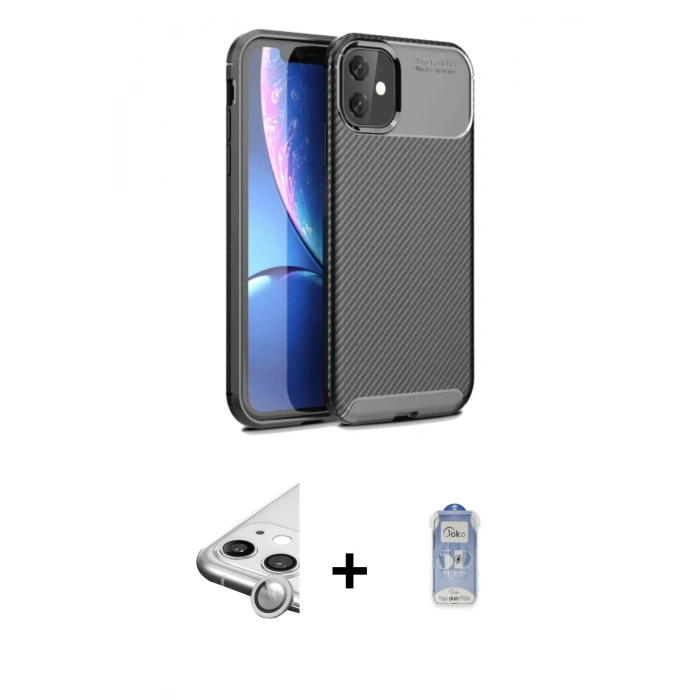 MARSİLYAN™- iPhone 11 Kılıf Eksen Form Prime - Siyah Joko Magic 5D Cam + Raze Metal Kamera Lens - GS