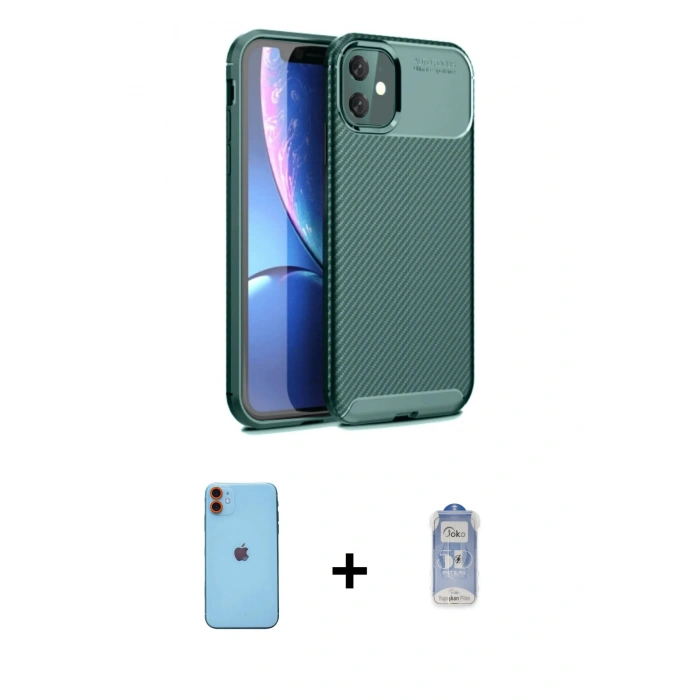MARSİLYAN™- iPhone 11 Kılıf Eksen Form Prime - Siyah Joko Magic 5D Cam + Neon Fosforlu Kamera Lens - TU