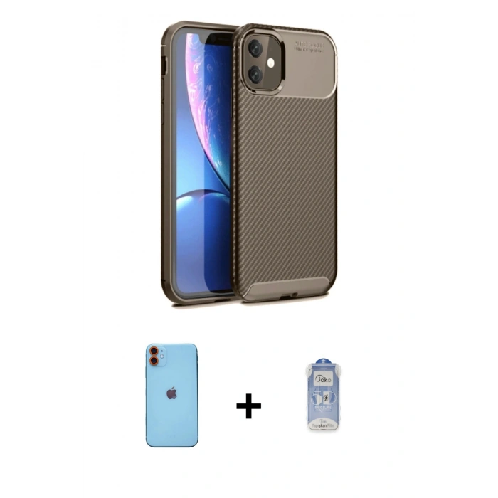 MARSİLYAN™- iPhone 11 Kılıf Eksen Form Prime - Siyah Joko Magic 5D Cam + Neon Fosforlu Kamera Lens - TU