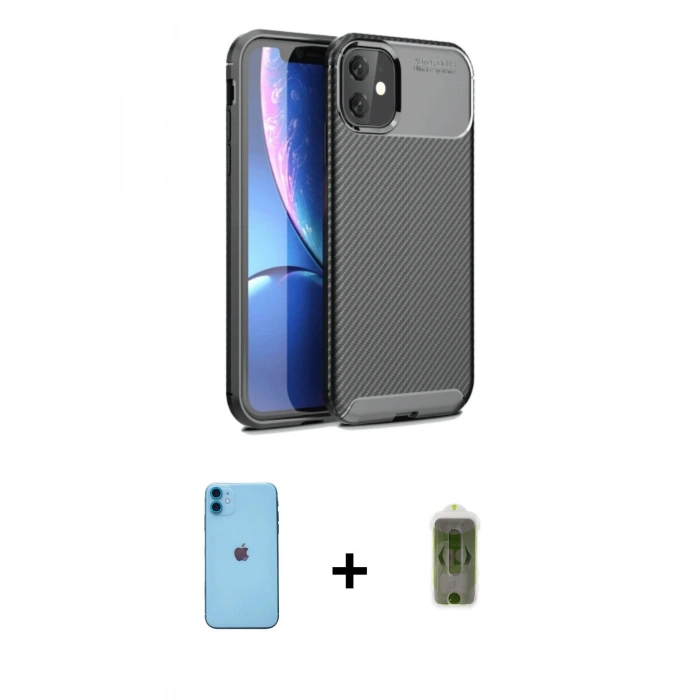 MARSİLYAN™- iPhone 11 Kılıf Eksen Form Prime - Siyah Joko Magic 5D Hayalet Cam + Mavi Neon Fosforlu Kamera Lens