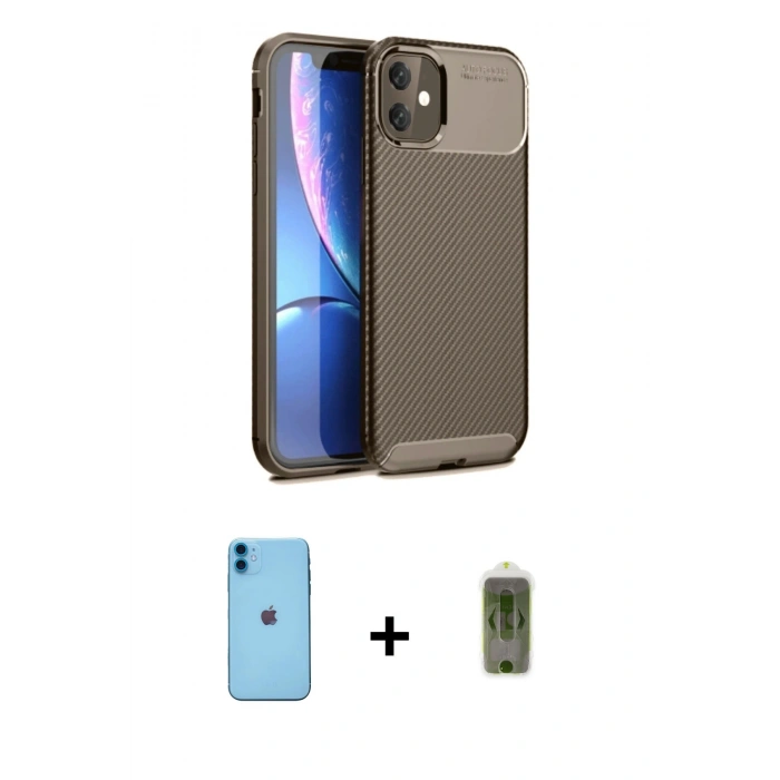 MARSİLYAN™- iPhone 11 Kılıf Eksen Form Prime - Siyah Joko Magic 5D Hayalet Cam + Mavi Neon Fosforlu Kamera Lens