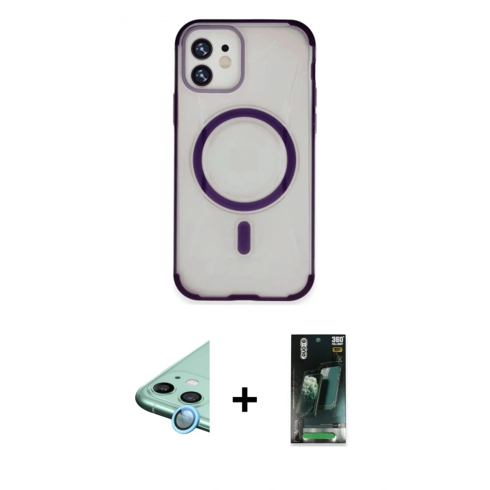 MARSİLYAN™- iPhone 11 Kılıf Eksen Klasik Koleksiyonu - Şeffaf 360 Full Body Arka Koruyucu + Mavi Raze Metal Kamera Lens
