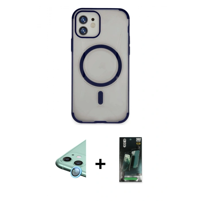 MARSİLYAN™- iPhone 11 Kılıf Eksen Klasik Koleksiyonu - Şeffaf 360 Full Body Arka Koruyucu + Mavi Raze Metal Kamera Lens