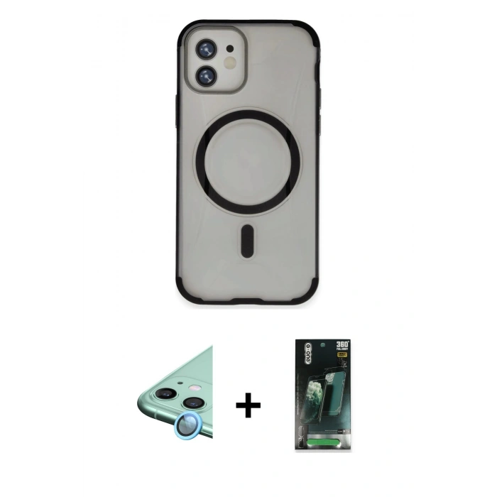 MARSİLYAN™- iPhone 11 Kılıf Eksen Klasik Koleksiyonu - Şeffaf 360 Full Body Arka Koruyucu + Mavi Raze Metal Kamera Lens