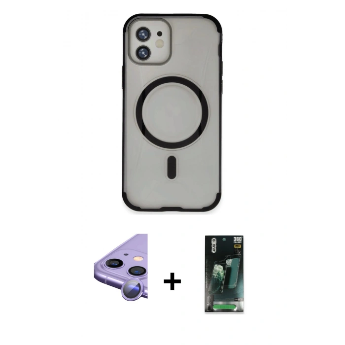 MARSİLYAN™- iPhone 11 Kılıf Eksen Klasik Koleksiyonu - Şeffaf 360 Full Body Arka Koruyucu + Raze Metal Kamera Lens - MR
